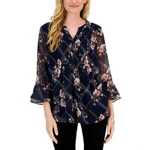 Charter Club Women's Size Small Navy Etching Garden Pink Floral Print Top NWT